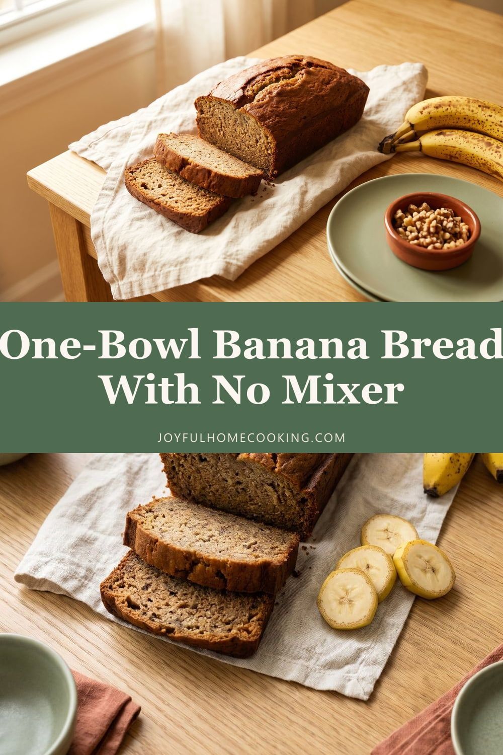 Two photos of banana bread with recipe title