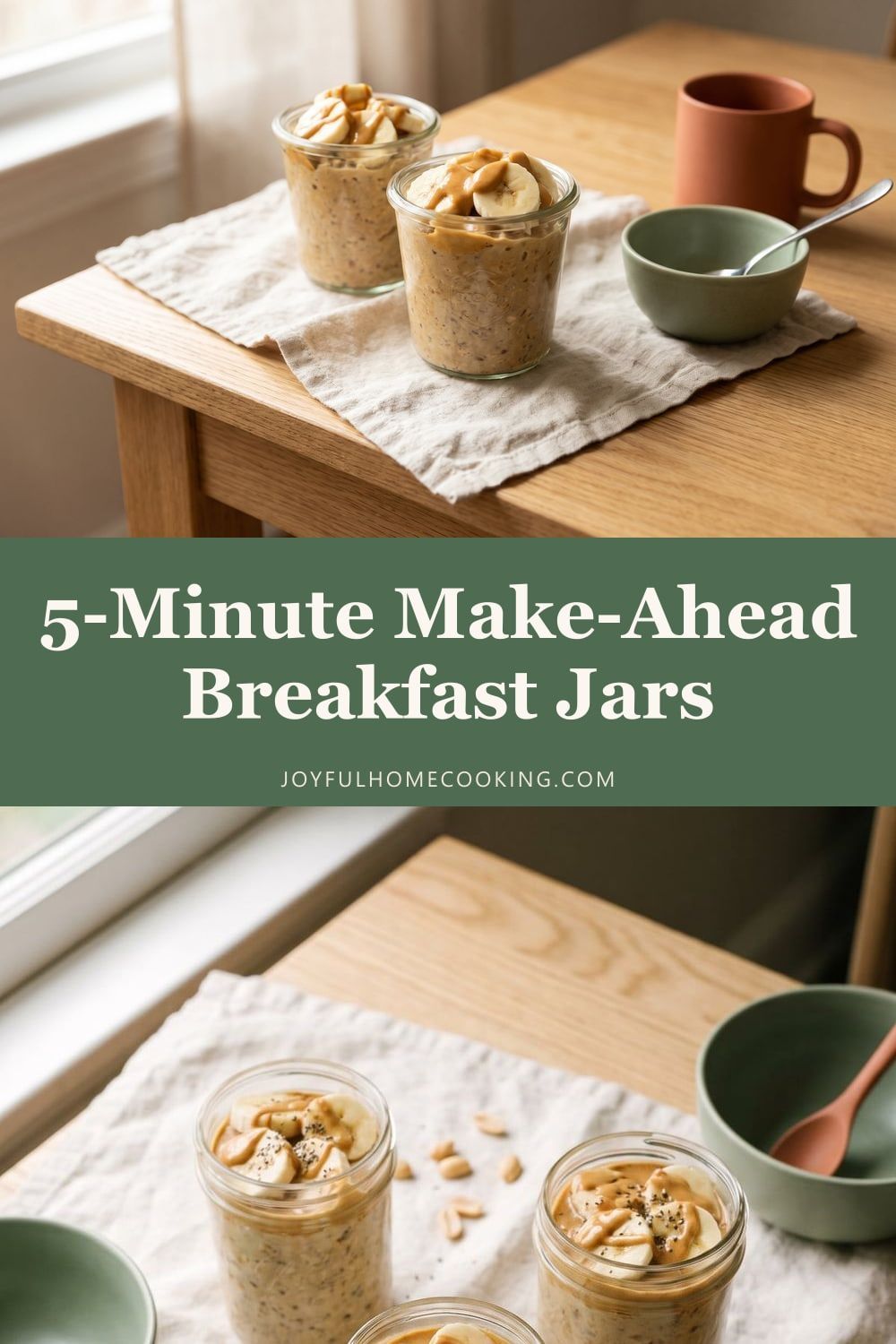 Two photos of peanut butter overnight oats with recipe title