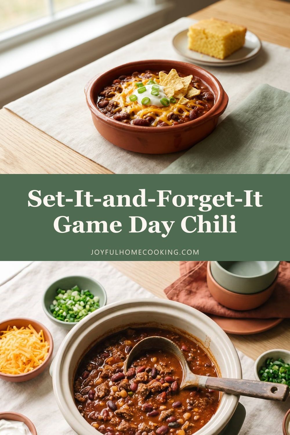 Two photos of slow cooker beef chili with recipe title