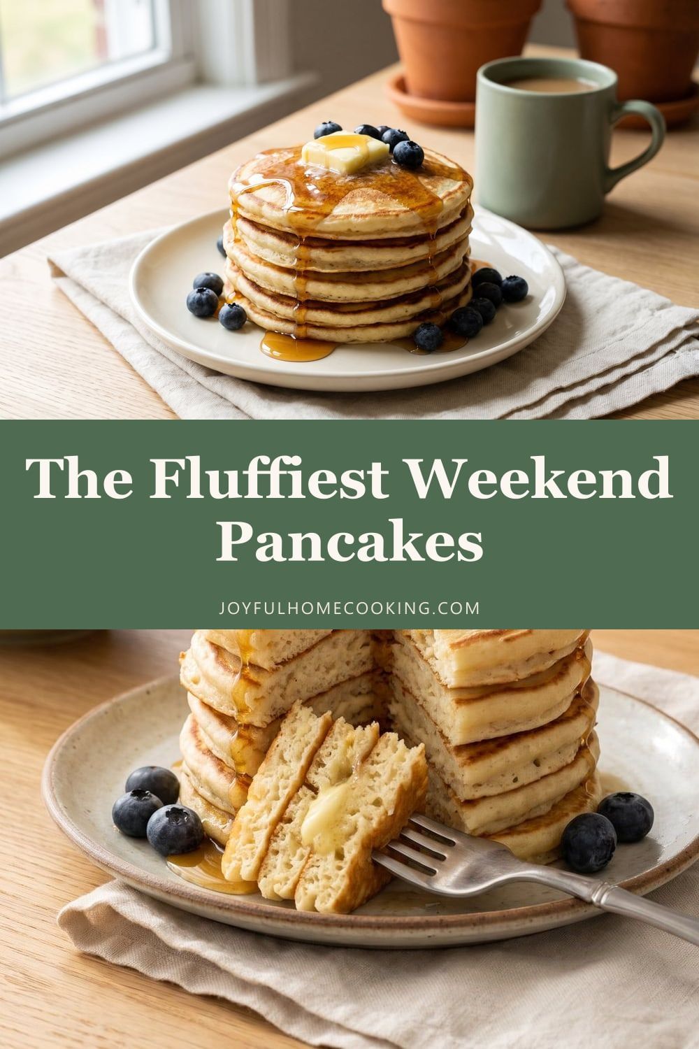 Two photos of fluffy buttermilk pancakes with recipe title