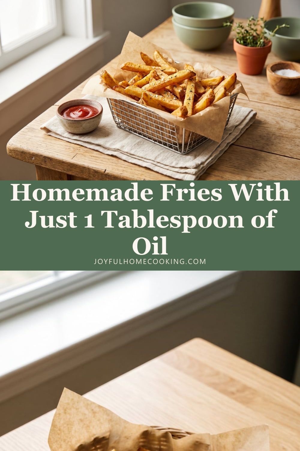 Two photos of air fryer French fries with recipe title