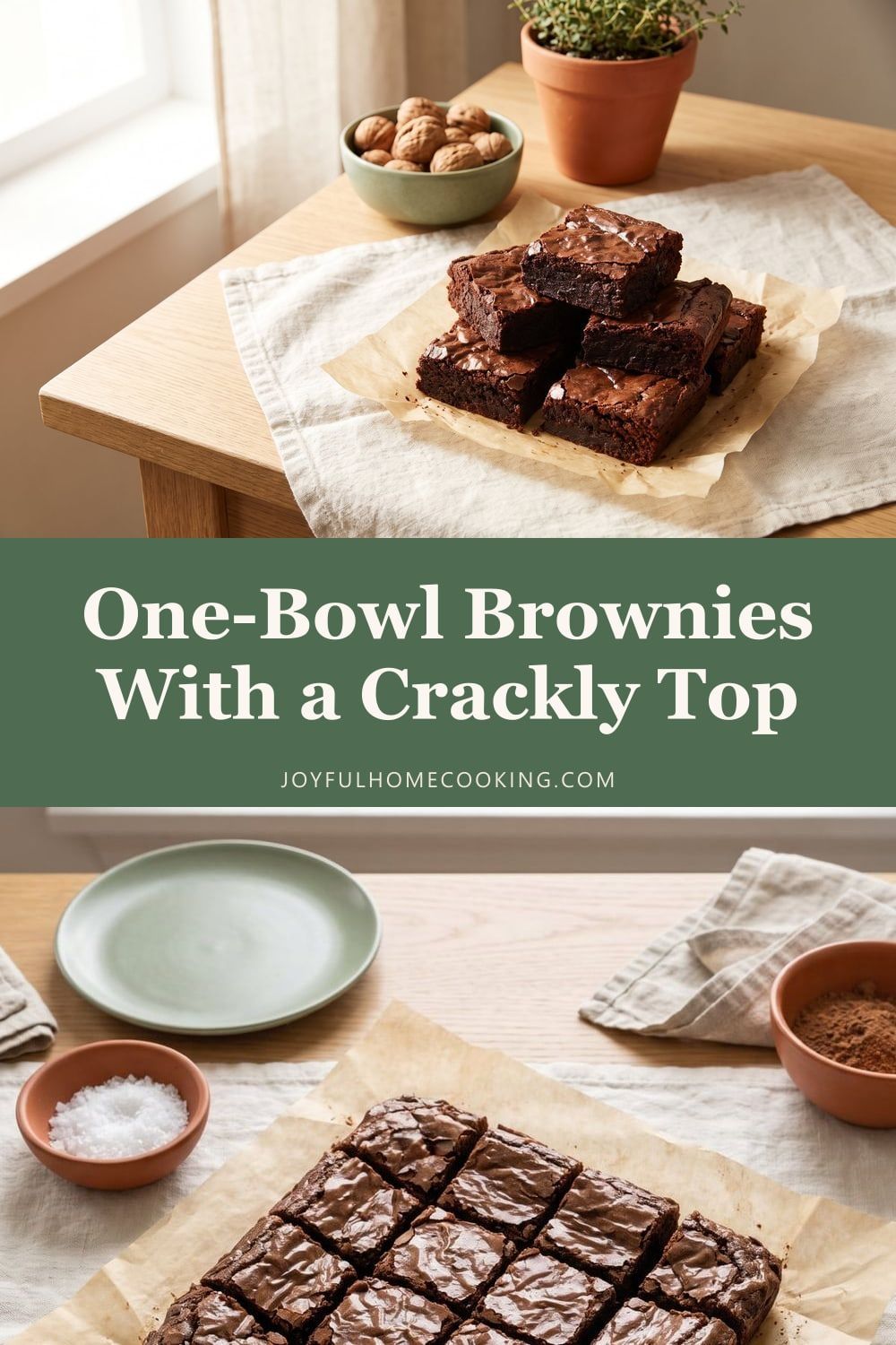 Two photos of fudgy brownies with recipe title