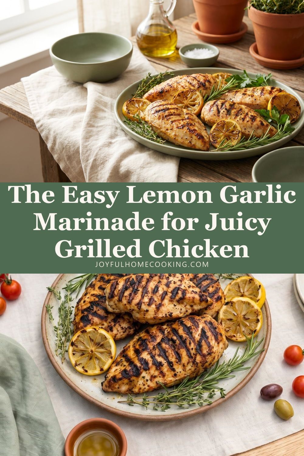Two photos of lemon herb grilled chicken with recipe title