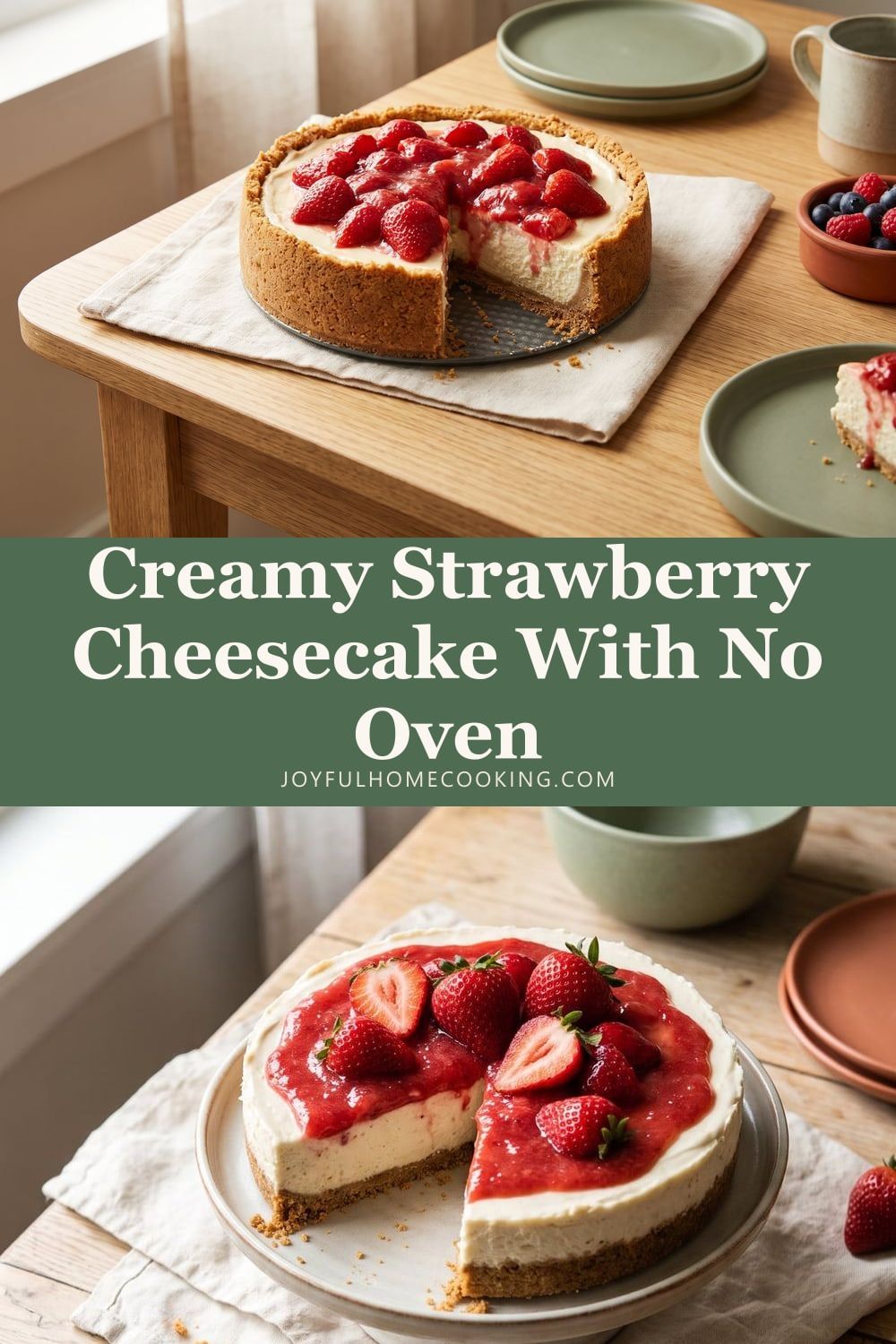Two photos of no-bake cheesecake with recipe title
