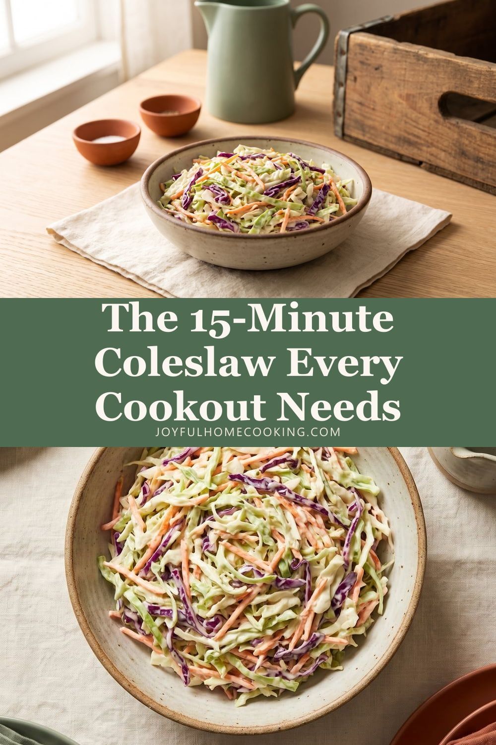 Two photos of creamy coleslaw with recipe title