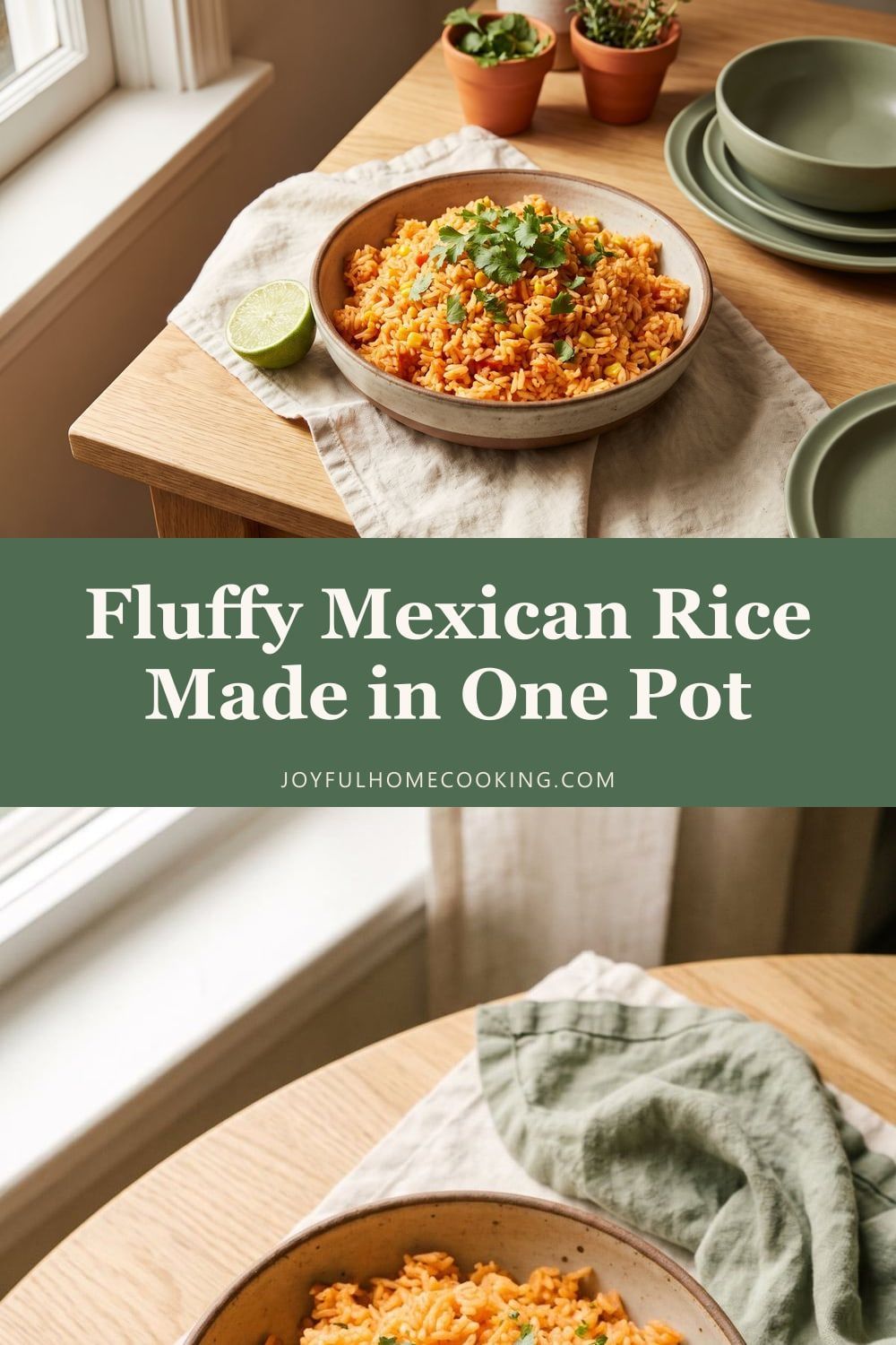 Two photos of Mexican rice with recipe title
