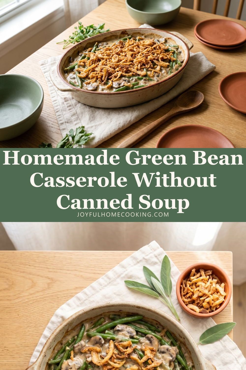 Two photos of homemade green bean casserole with recipe title