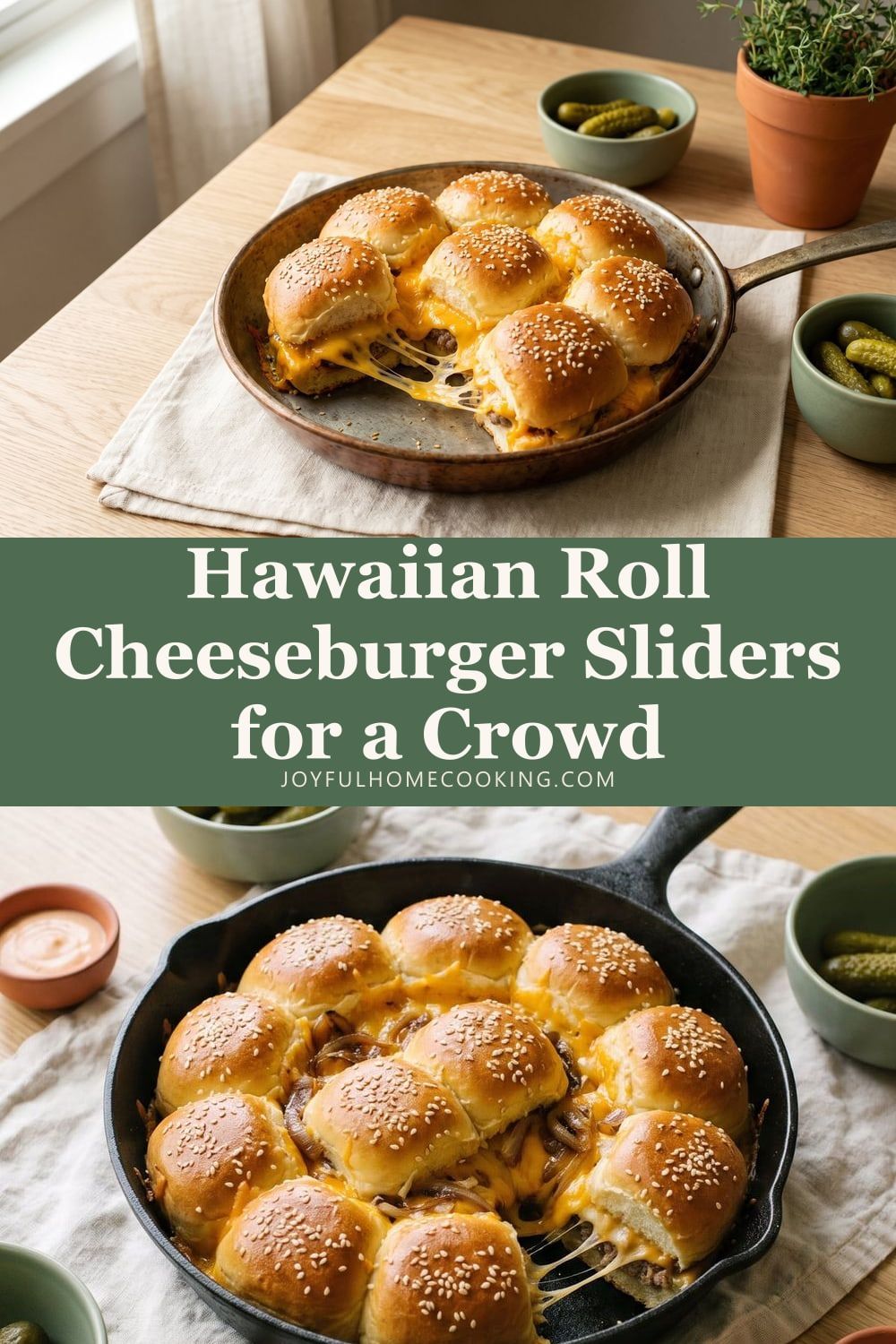 Two photos of cheeseburger sliders with recipe title