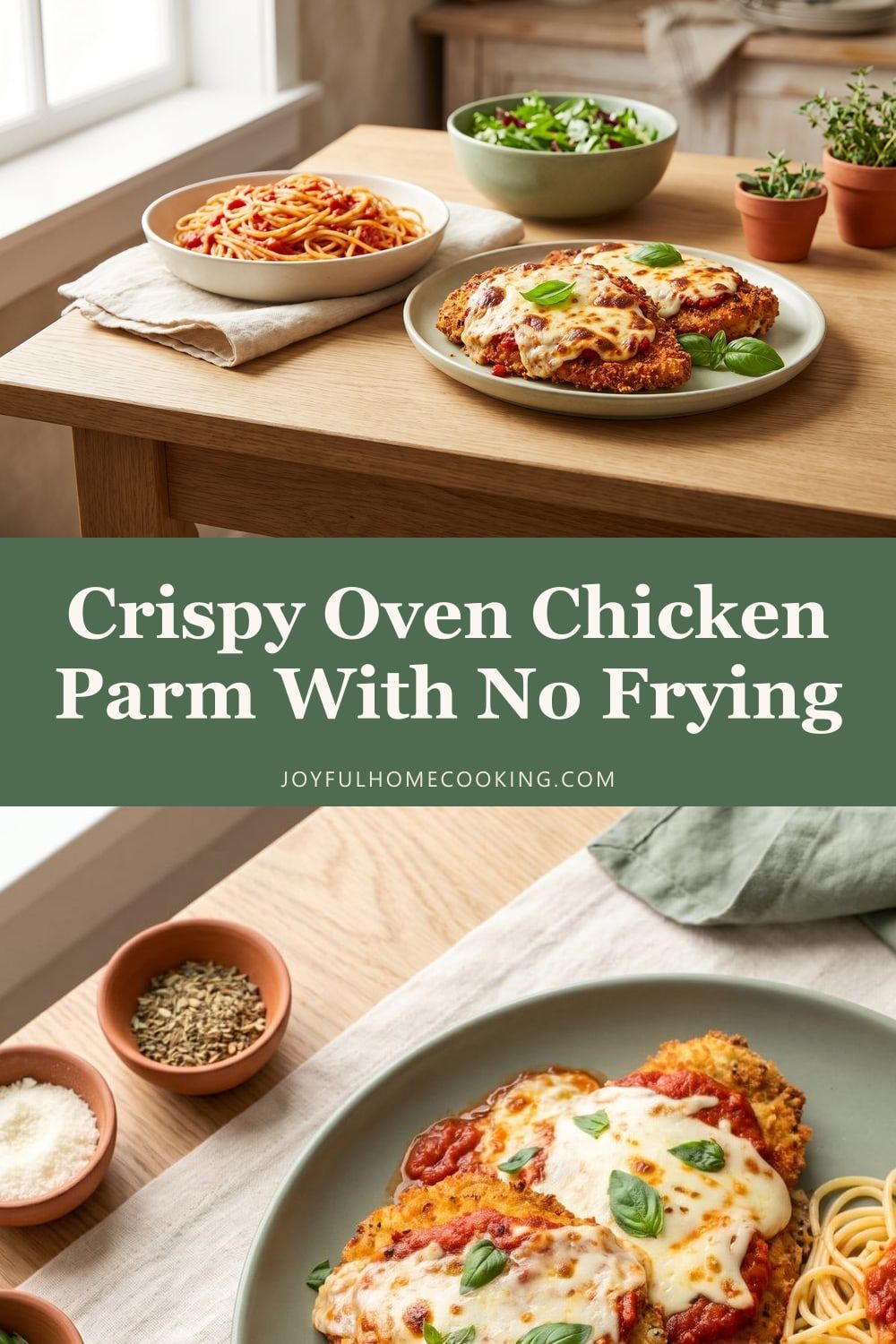 Two photos of baked chicken Parmesan with recipe title