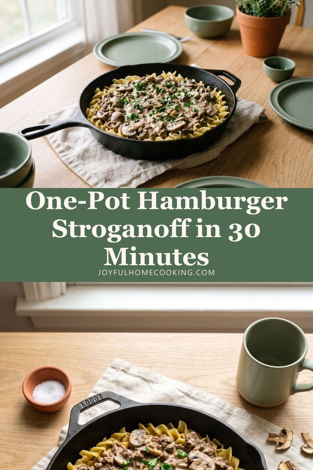 Two photos of ground beef stroganoff with recipe title