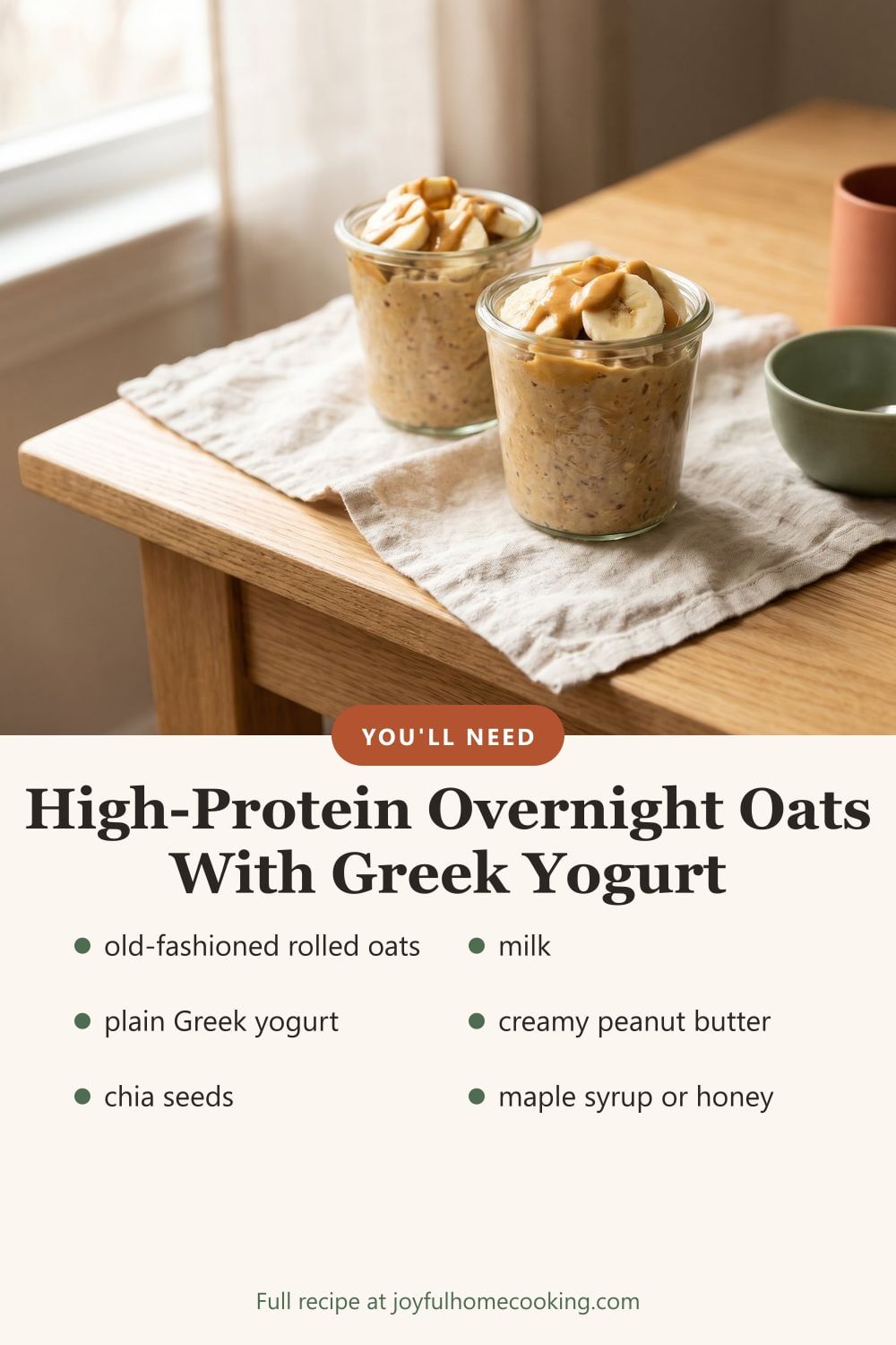 Peanut butter overnight oats with key ingredients listed