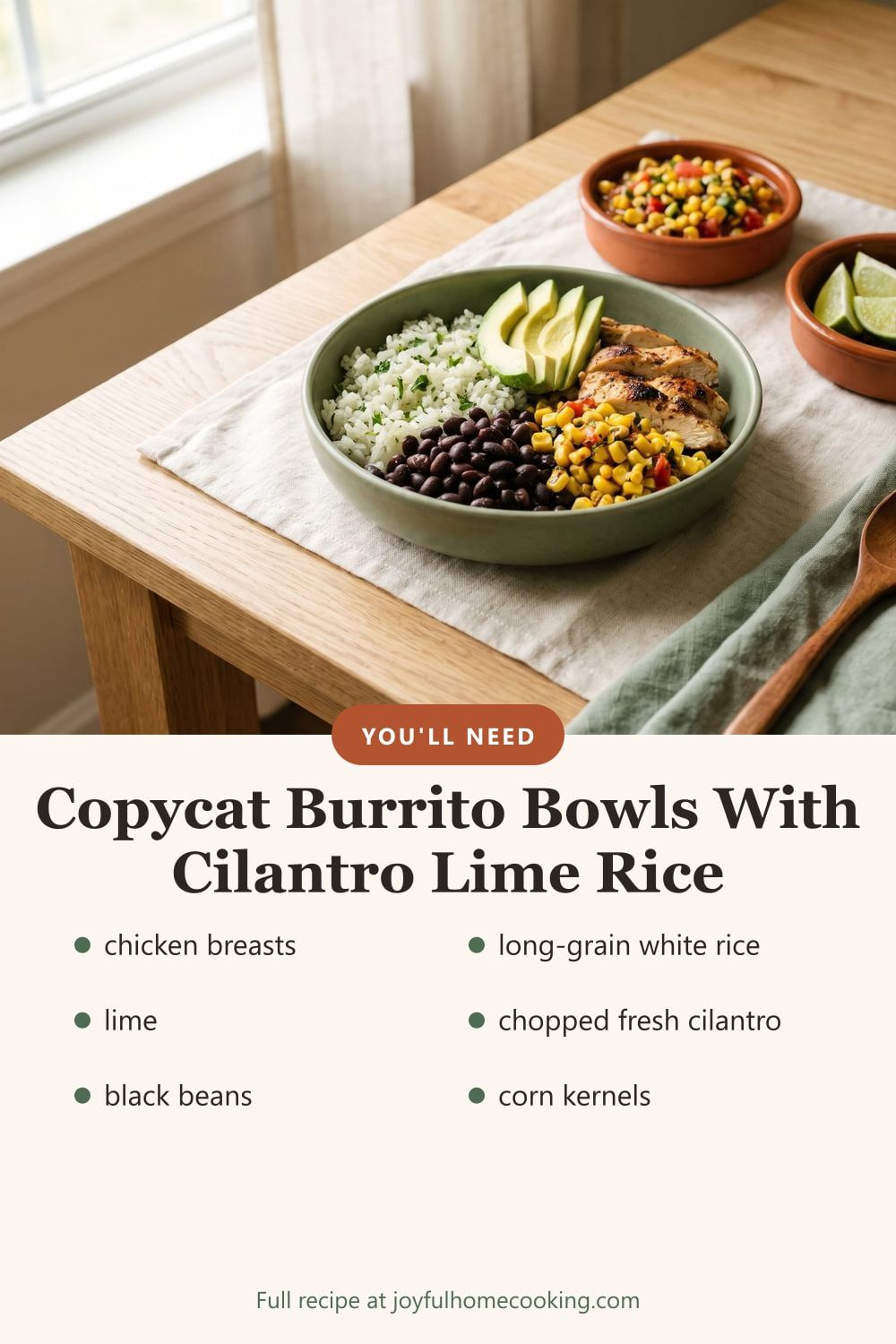 Chicken burrito bowl with key ingredients listed