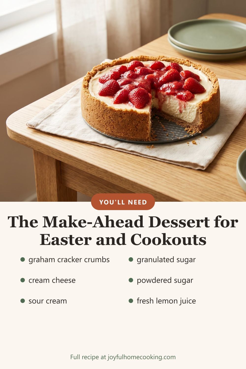 No-bake cheesecake with ingredients listed
