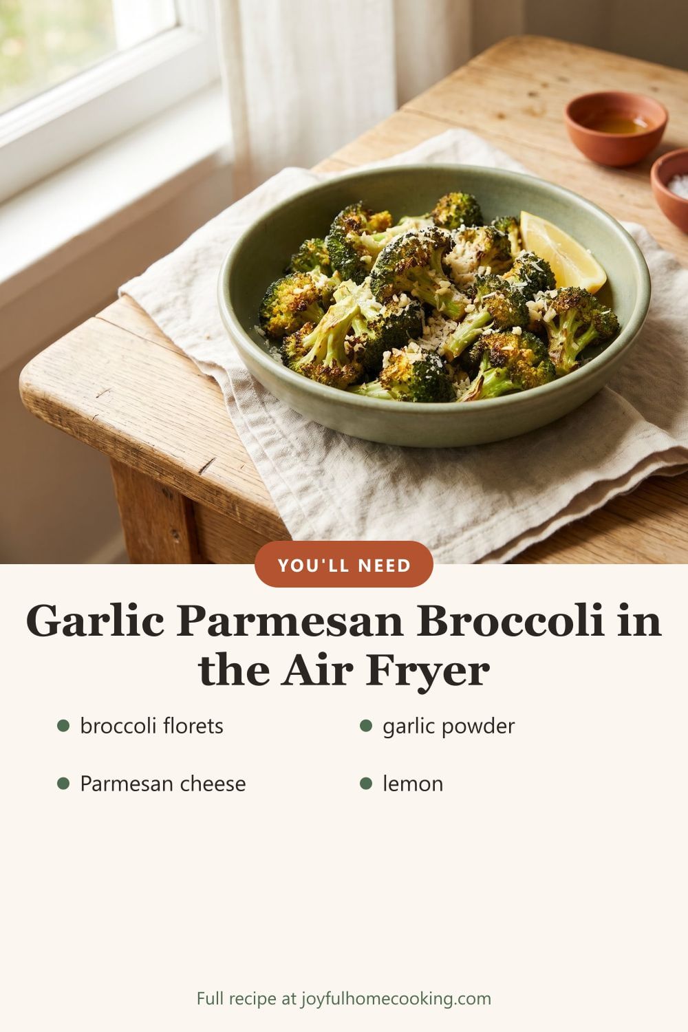Air fryer broccoli with key ingredients listed