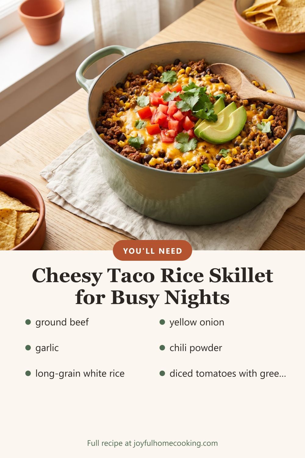 Cheesy taco rice with ingredients listed