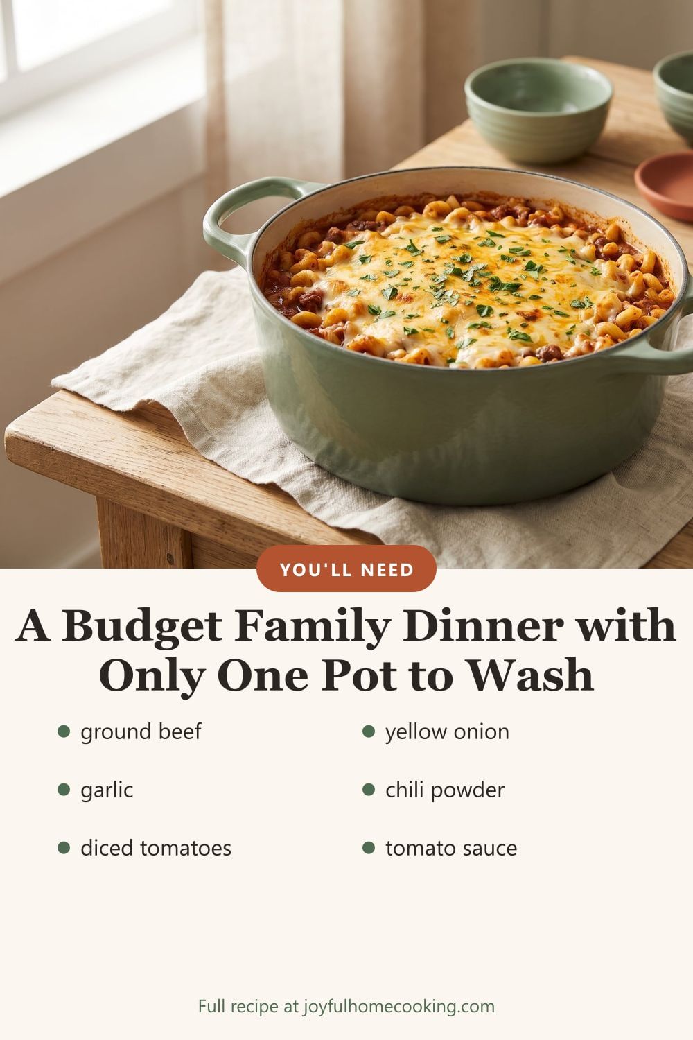 One pot chili mac with key ingredients listed
