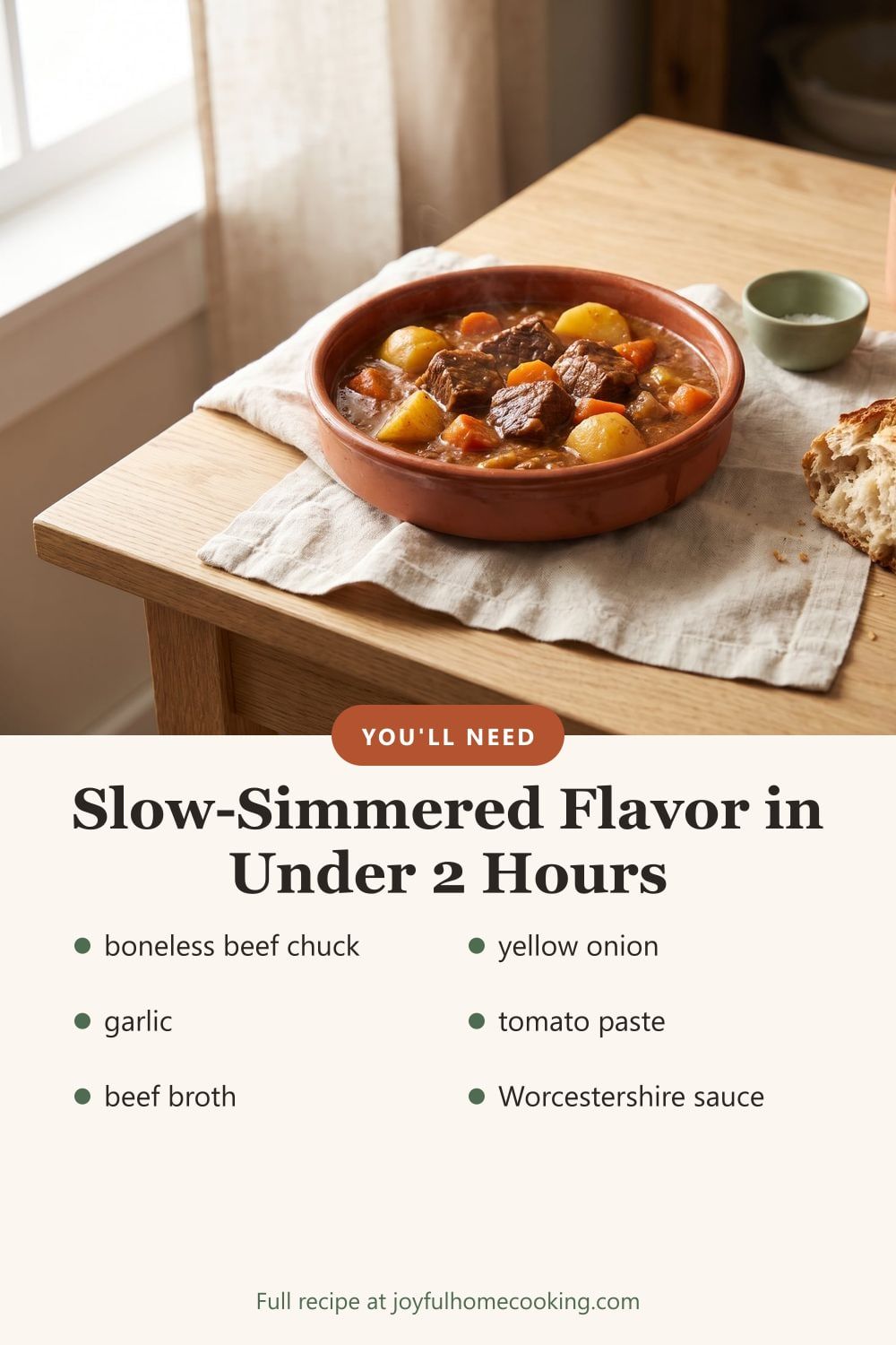 Instant Pot beef stew with key ingredients listed