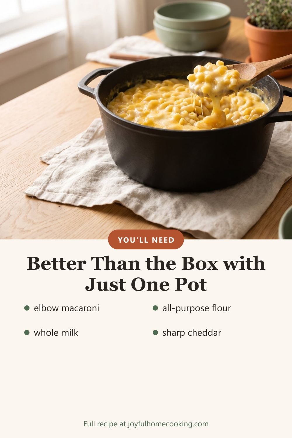 Stovetop mac and cheese with key ingredients listed