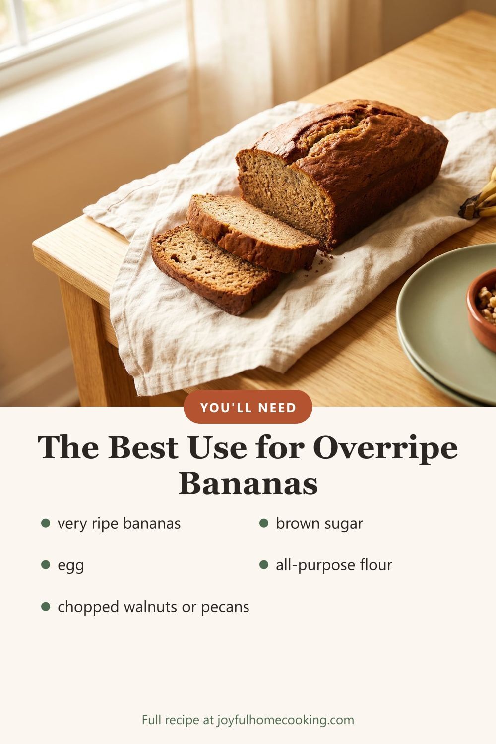 Banana bread with key ingredients listed
