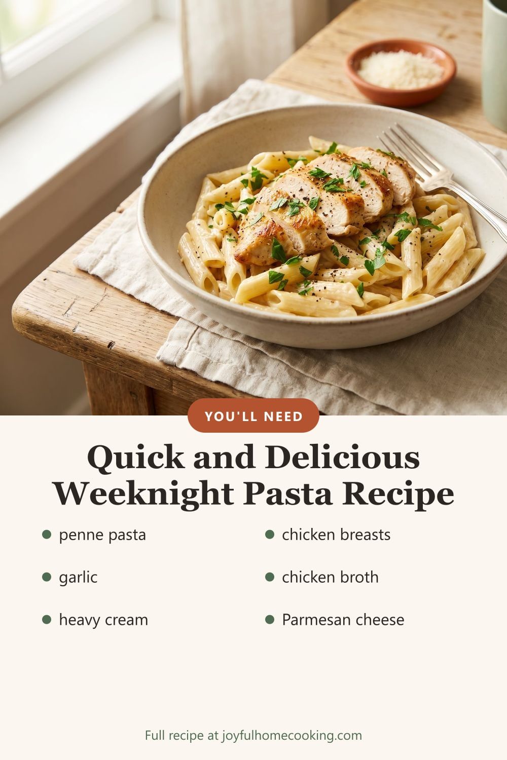 Creamy garlic chicken pasta with key ingredients listed