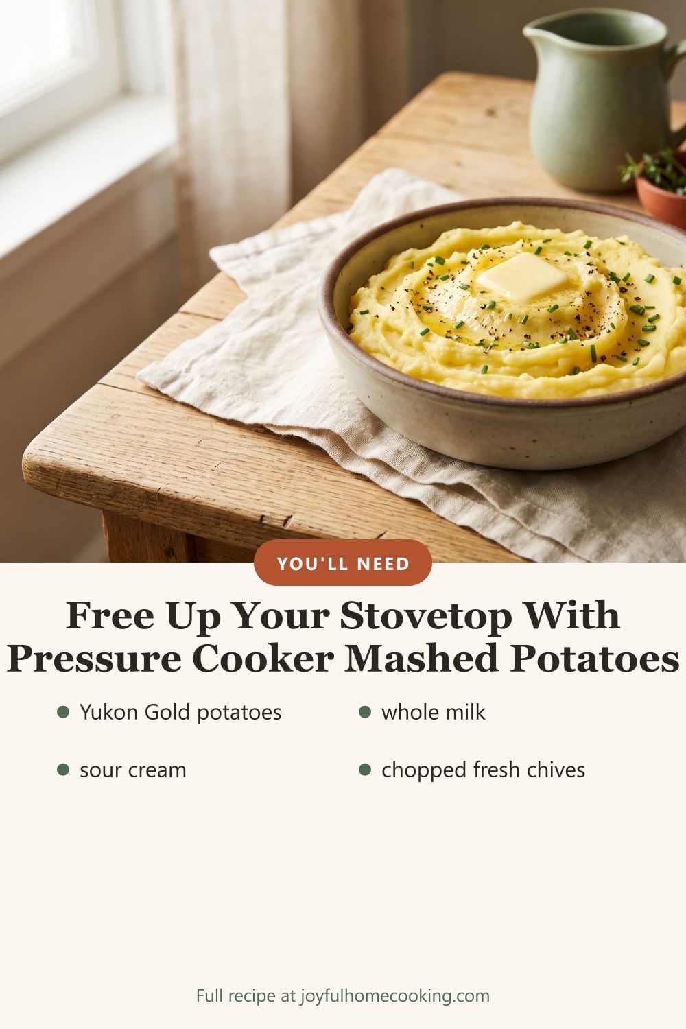 Instant Pot mashed potatoes with key ingredients listed