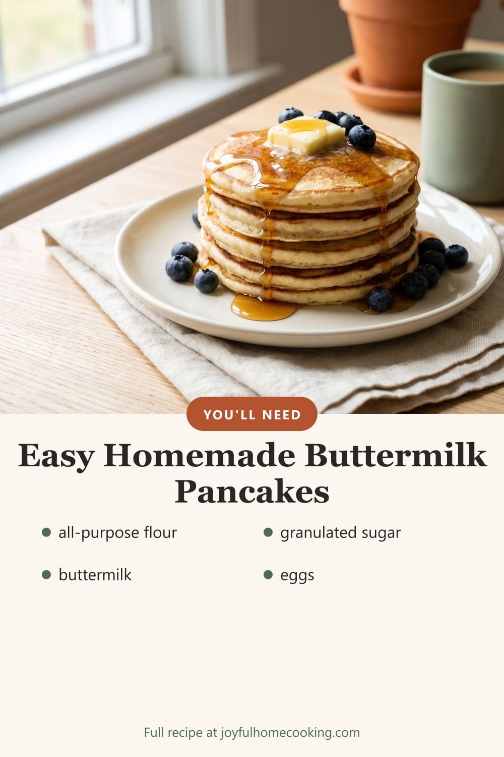 Buttermilk pancakes with ingredients listed