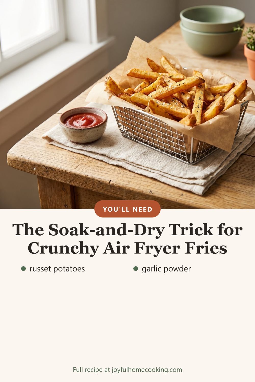 Air fryer French fries with key ingredients listed