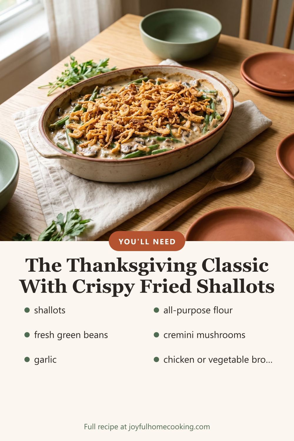 Green bean casserole with key ingredients listed