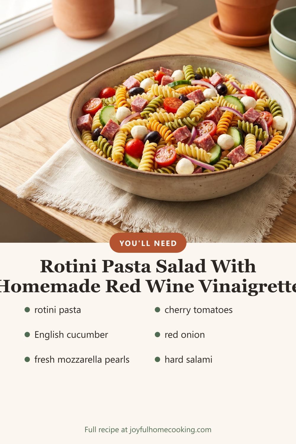 Italian pasta salad with key ingredients listed