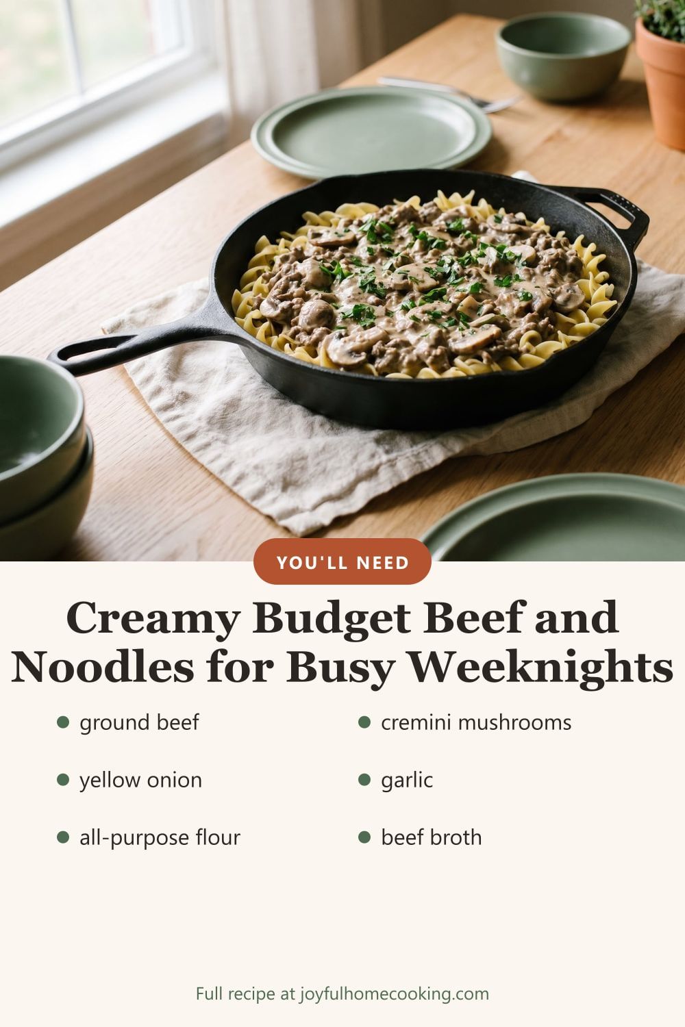 Ground beef stroganoff with key ingredients listed
