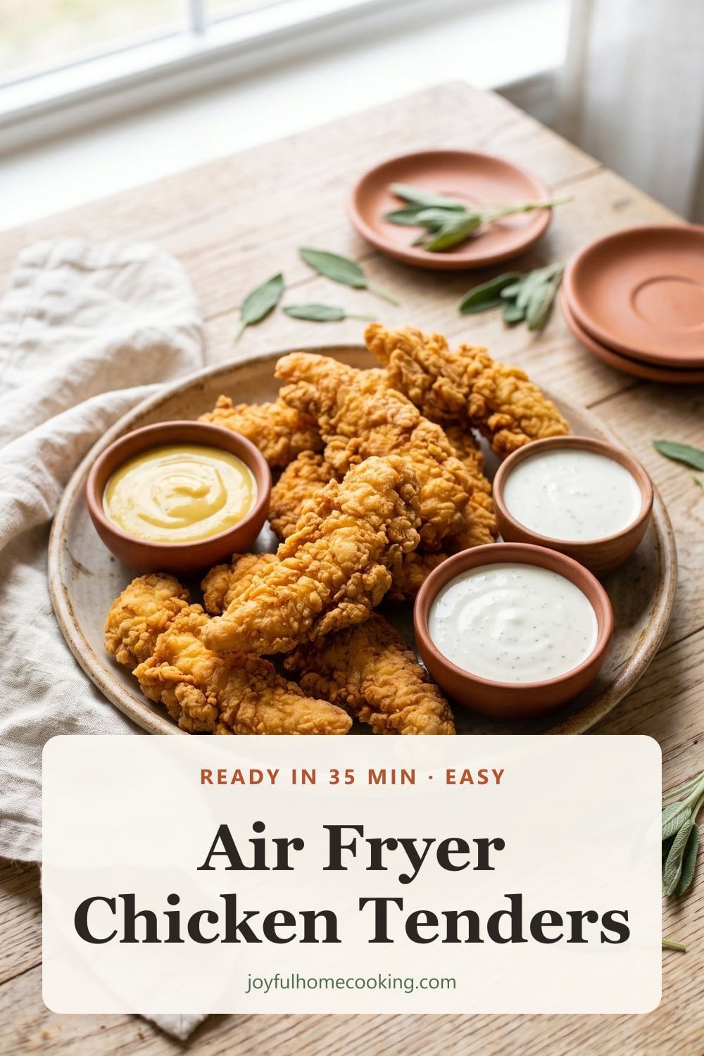 Crispy air fryer chicken tenders with dipping sauces Pinterest image